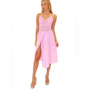 Boho Pink Crochet Halter Dress SMALL Peruvian Cotton Beach Resort Midi Y2K NEW